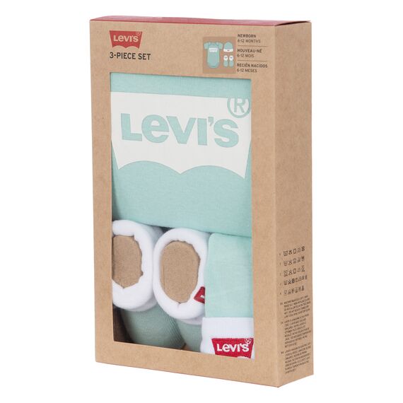 Levi's Kids Classic batwing infant hat bodysuit bootie set 3pc Baby Jungen Pastel Turquoise 0-6 Monate