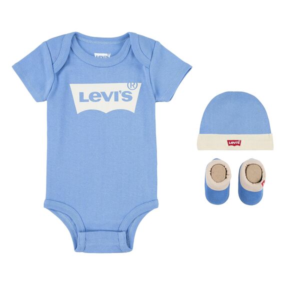 Levi's Kids Classic batwing infant hat bodysuit bootie set 3pc Baby Jungen Pastel Turquoise 0-6 Monate