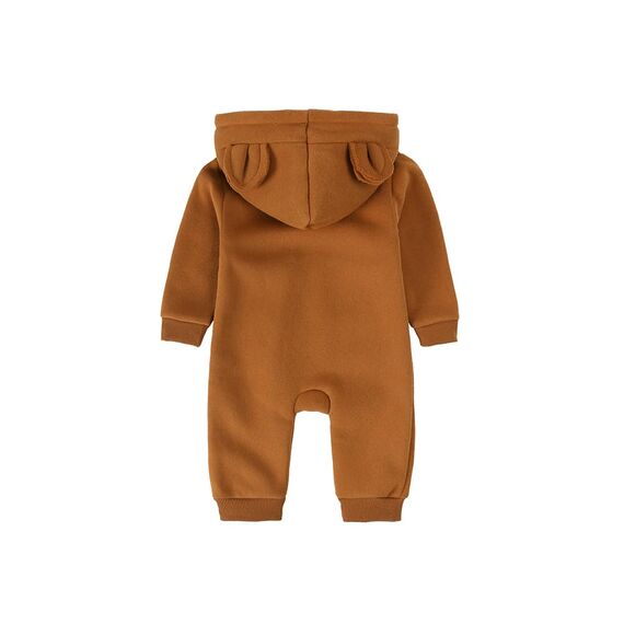 Alunsito Säugling Baby Jungen Mädchen Kleidung Reißverschluss Bärenohr Kapuze Jumpsuit Strampler Langarm Outfit Herbst Winter Warme Kleidung 59 Dunkelbraun 0-3 Monate