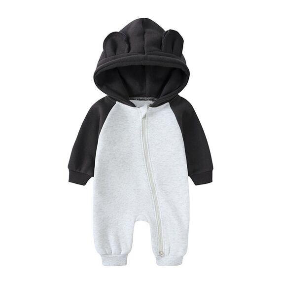 Alunsito Baby Junge Mädchen Reißverschluss Strampler Outfits Kleinkind Hoodie Bärenohren Jumpsuit Overall Einteiler Bodysuit Oberbekleidung 66 Schwarz Grau 3-6 Monate