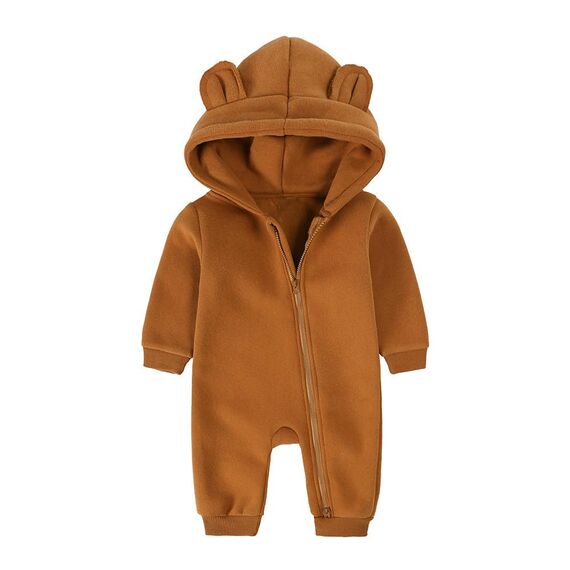 Alunsito Säugling Baby Jungen Mädchen Reißverschluss Warme Kapuze Strampler Jumpsuit Solide Langarm Hoodie Bodysuit Outfit Winter Kleidung 66 Dunkelbraun 3-6 Monate