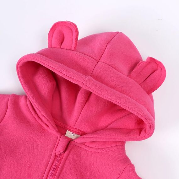 Alunsito Baby Jungen Mädchen Bärenohr Reißverschluss Strampler Neugeborenes Kapuzen Fleece Bodysuit Kleinkind Langarm Jumpsuit 59 Rose Rot 0-3 Monate
