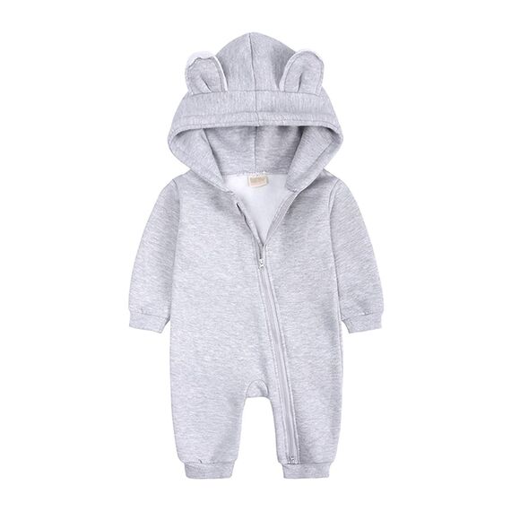 Alunsito Kleinkind Baby Reißverschluss Kleidung Solide Bärenohr Langarm Kapuzen Overall Frühling Winter Reißverschluss Body Grau 73 6-9 Monate