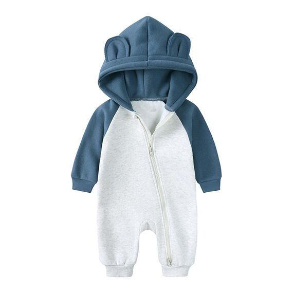 Alunsito Kleidung für Kleinkinder, Jungen und Mädchen, Reißverschluss, langärmlig, Bärenohren, Kapuzenoverall, Strampler, Outfit, Herbst/Winter, warme Kleidung, 59, Blau, Grau, 0–3 Monate