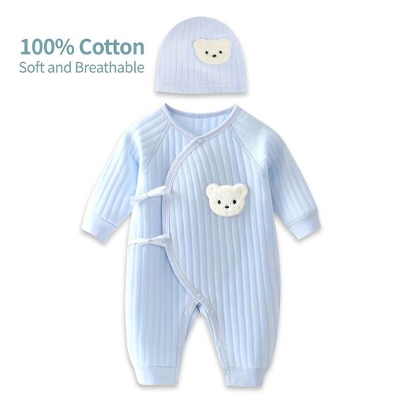 1 Pack Baby Bodysuit, 1-3 Months Neugeborenes Baby warme Baumwolle Bodysuit mit Hut, 100% Baumwolle Kleinkind Homewear verdickt Frühling und Herbst Kleidung (Blau, 1-3Months)