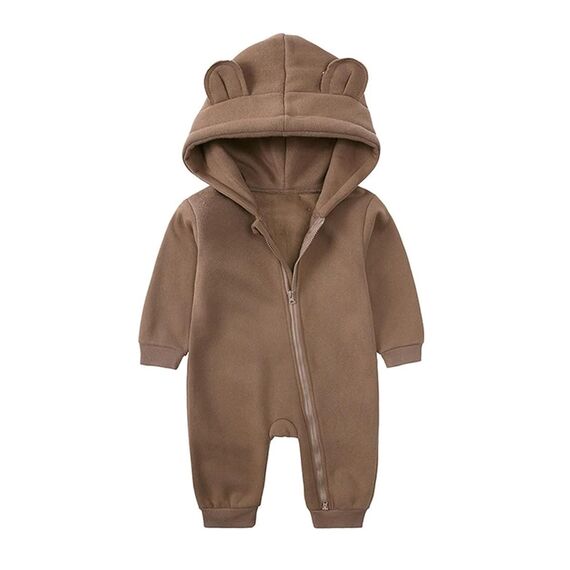 Alunsito Säuglingsbabys Mädchen Kleidung Reißverschluss Bären Ohr mit Kapuze-Jumpsuit Langarm Langarm Fleece Bodysuit Outfit Herbst Winter warme Kleidung 66 braun 3-6 Monate