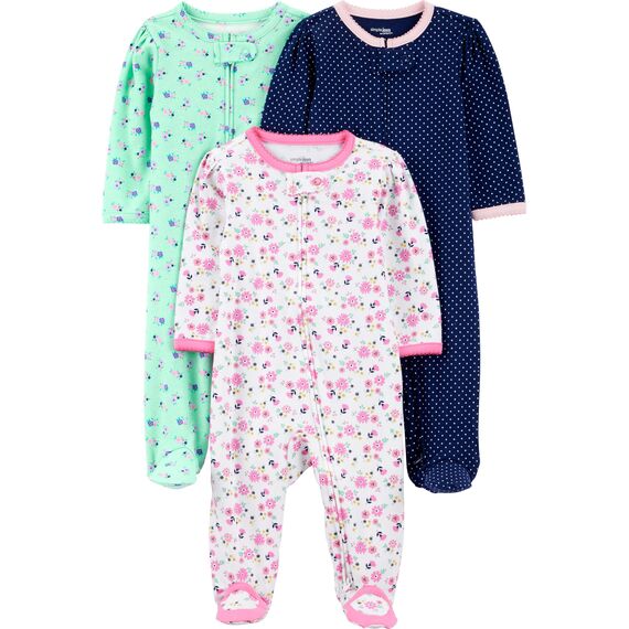 Simple Joys by Carter's Baby Mädchen 3-Pack Sleep and Play Sleepers, Marineblau Punkte/Minzgrün Floral/Weiß Blumen, 3-6 Monate (3er Pack)