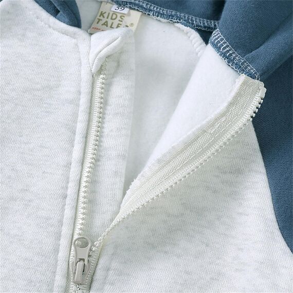Alunsito Kleidung für Kleinkinder, Jungen und Mädchen, Reißverschluss, langärmlig, Bärenohren, Kapuzenoverall, Strampler, Outfit, Herbst/Winter, warme Kleidung, 59, Blau, Grau, 0–3 Monate