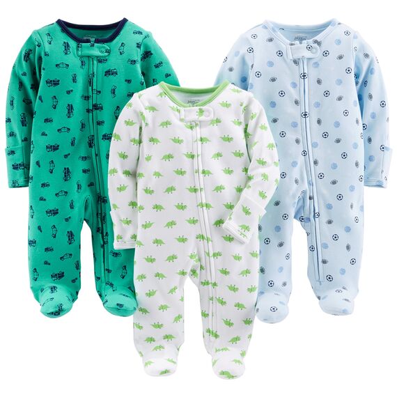 Simple Joys by Carter's Baby Jungen Baumwoll-Strampler mit Fuß, 3er-Pack, Autos/Dinosaurier/Sport-pack, 6-9 Monate