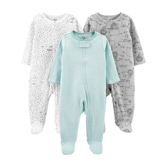 Simple Joys by Carter's Unisex Baby 3-Pack Neutral Sleep and Play Kleinkindschläfer, Grau Löwe/Grün Streifen/Weiß Sterne, 6-9 Monate (3er Pack)