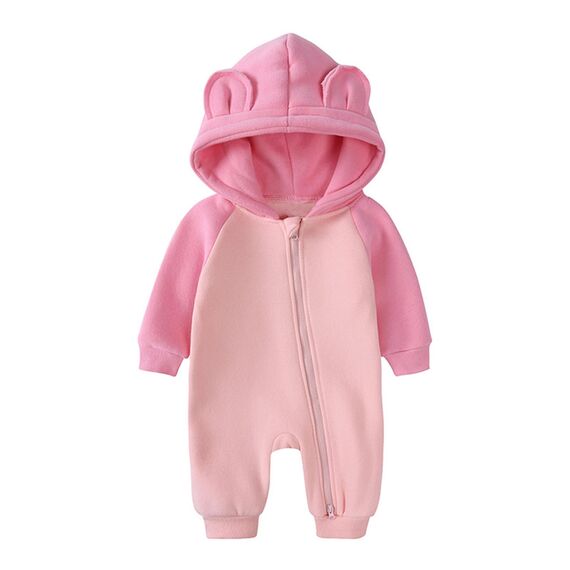 Alunsito Neugeborene Babykleidung für Jungen und Mädchen, Kapuzenoverall, Farbblock, Reißverschluss, Langarm, Kapuzenpullover, Strampler, Body, Overall, Outfit 80 Pink Peach 9–12 Monate