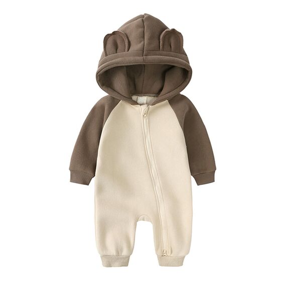 Alunsito Babykleidung für Mädchen und Jungen, Schneeanzug, Bärenohren, Kapuzen-Overall, Farbblock, Spielanzug mit Reißverschluss, Wintermantel, Outfits 80 Khaki Beige 9-12 Monate