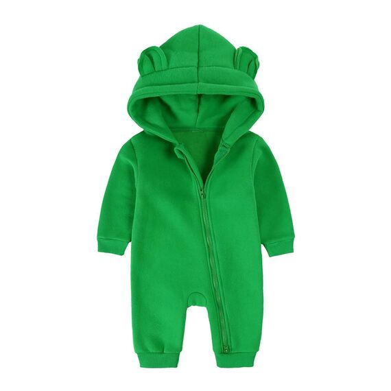 Alunsito Säugling Baby Jungen Mädchen Kleidung Reißverschluss Bärenohr Kapuze Jumpsuit Strampler Langarm Outfit Herbst Winter Warme Kleidung 90 Grasgrün 1-2 Jahre