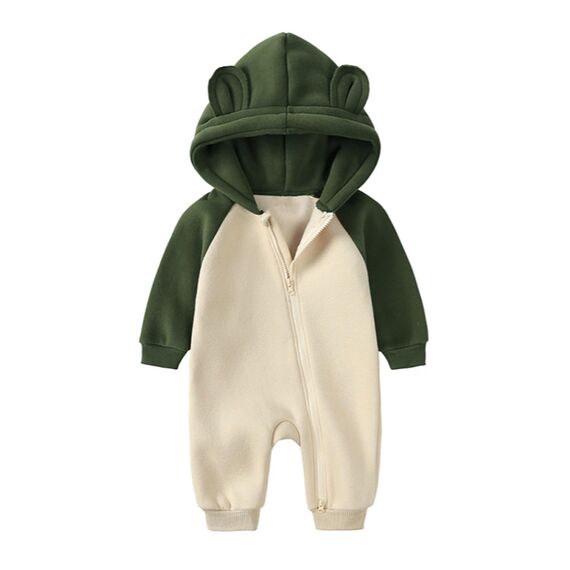 Alunsito Neugeborene Babykleidung für Mädchen und Jungen, Farbblock, langärmelig, Kapuzenpullover, Spielanzug mit Reißverschluss, Overall, warmes Herbst-Winter-Outfit 80 Grün Beige 9-12 Monate