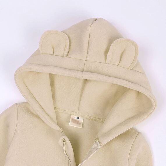 Alunsito Unisex Baby Jungen Mädchen Langarm Cartoon Hoodie Bär Ohr Strampler Winter Warmer Reißverschluss Outwear Overall Beige 90 1-2 Jahre