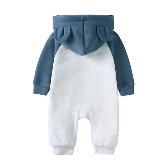 Alunsito Overall mit Kapuze und Reißverschluss für Babys, Jungen und Mädchen, langärmlig, einteilig, Outfits, Herbst/Winter, warme Kleidung für Unisex, 80, Blau, Grau, 9–12 Monate