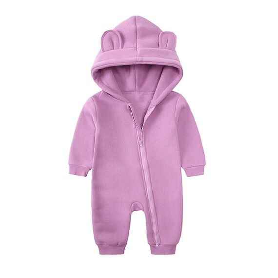 Alunsito Säugling Baby Mädchen Kalter Winter Warme Kleidung Lange Ärmel Reißverschluss Fleece Strampler Einfarbig Bärenohr Kapuzenpulli Overall Bodysuit 90 Lila 1-2 Jahre