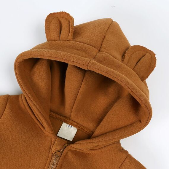 Alunsito Neugeborenes Baby Jungen Mädchen Bärenohr Reißverschluss Strampler Neugeborenes mit Kapuze dicker Bodysuit Kleinkind Langarm Overall 90 Dunkelbraun 1-2 Jahre