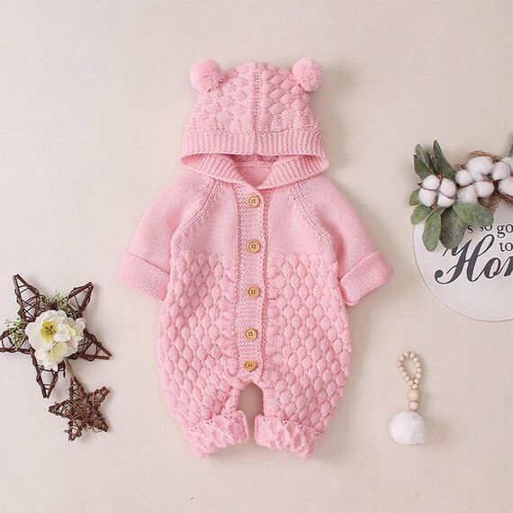 Odizli Neugeborene Baby Mädchen Jungen Kleidung Langarm Gestrickt Kapuze Strampler Body Overall Jacke Frühchenkleidung Erstausstattung Babysachen Set Herbst Winter Babykleidung Rosa 12-18 Months