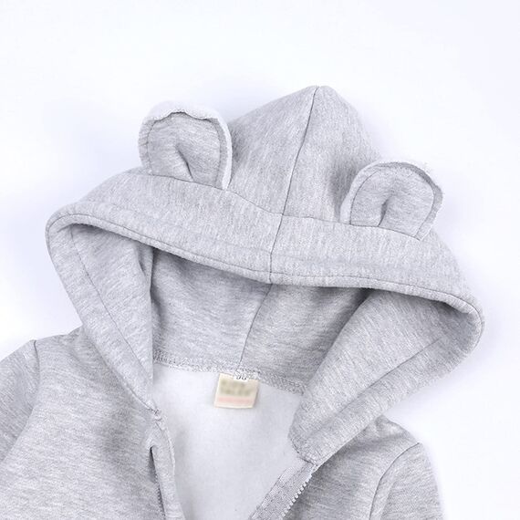 Alunsito Herbst Winter Baby Mädchen Jungen Kleidung Langarm Reißverschluss Hoodie Strampler Bär Ohr Overall Einteiliges Outfit Grau 80 9-12 Monate