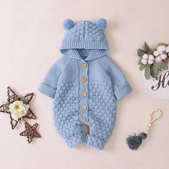 Odizli Neugeborene Baby Mädchen Jungen Kleidung Langarm Gestrickt Kapuze Strampler Body Overall Jacke Frühchenkleidung Erstausstattung Babysachen Set Herbst Winter Babykleidung Hellblau 12-18 Months