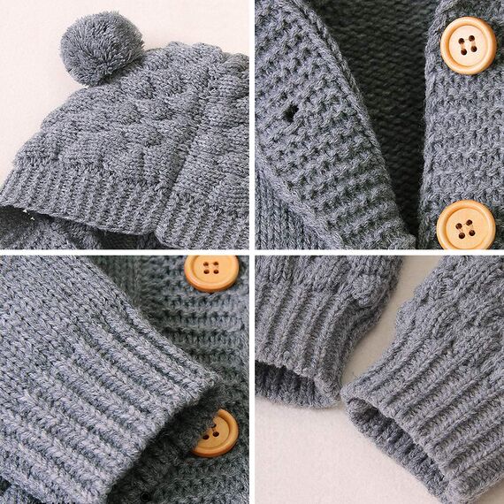 Odizli Neugeborene Baby Mädchen Jungen Kleidung Langarm Gestrickt Kapuze Strampler Body Overall Jacke Frühchenkleidung Erstausstattung Babysachen Set Herbst Winter Babykleidung Grau 0-6 Months