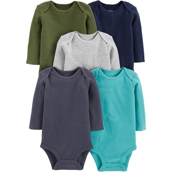 Simple Joys by Carter's Unisex Baby Long-Sleeve Bodysuit Pack of 5 Body, Blau/Grau Meliert/Marineblau/Olivgrün/Verwaschenes Marineblau, 6-9 Monate (5er Pack)