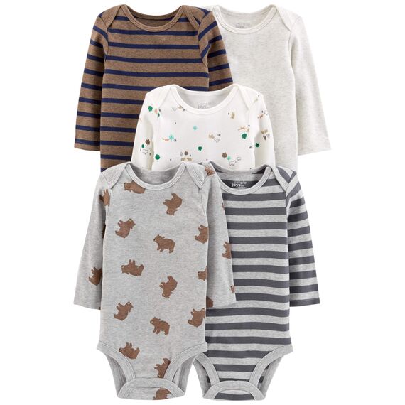 Simple Joys by Carter's Unisex Baby Langärmeliger Body, 5er-Pack, Bär/Streifen/Waldtiere, 24 Monate