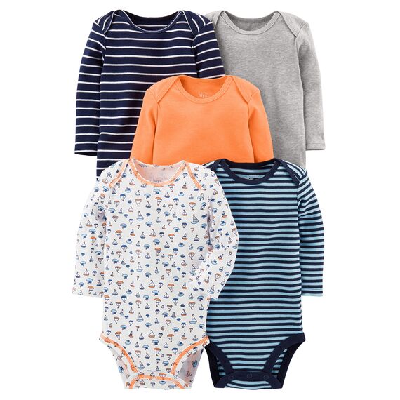 Simple Joys by Carter's Unisex Baby Long-Sleeve Bodysuit Pack of 5 Body, Blau/Grau Meliert/Marineblau Streifen/Orange/Weiß Segelboote, 0-3 Monate (5er Pack)