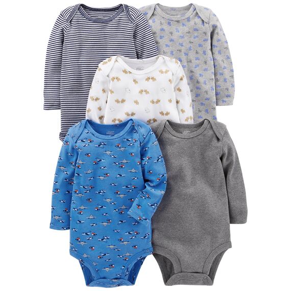 Simple Joys by Carter's Unisex Baby Long-Sleeve Bodysuit Pack of 5 Body, Blau/Grau/Weiß, 3-6 Monate (5er Pack)