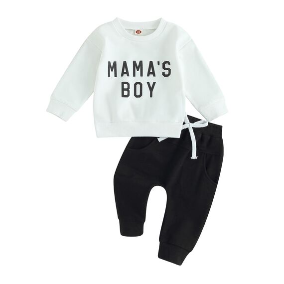 Geagodelia Baby Jungen Kleidung Outfit Babykleidung Set Langarmshirt Sweatshirt + Hose Neugeborene Weiche Babyset Mama's Boy Zweiteiler (C - Weiß & Schwarz, 2-3 Jahre)