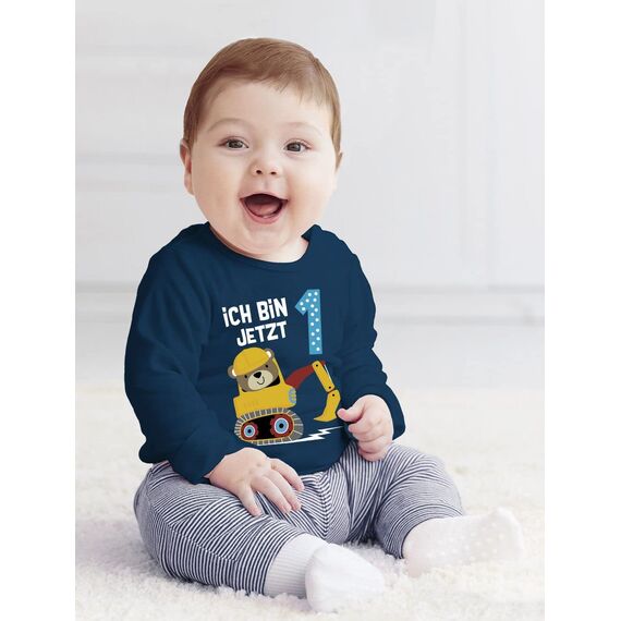 MoonWorks® Baby Langarm-Shirt erster | zweiter Geburtstag Bär Bagger Bauarbeiter Baggerfahrer Geburtstagsshirt Bio-Baumwolle Junge 1 Jahr Navy 92/98 (16-24-Monate)