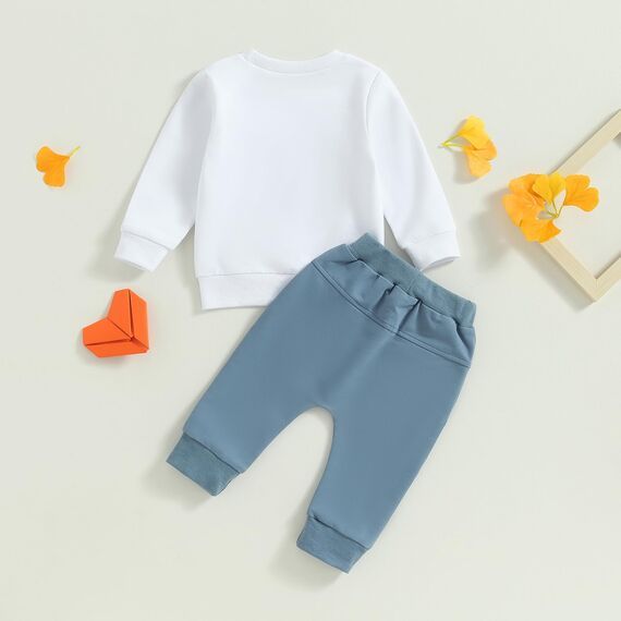Geagodelia Baby Jungen Kleidung Outfit Babykleidung Set Langarmshirt Sweatshirt + Hose Neugeborene Weiche Babyset Mama's Boy Zweiteiler (A - Weiß & Blau, 6-12 Monate)