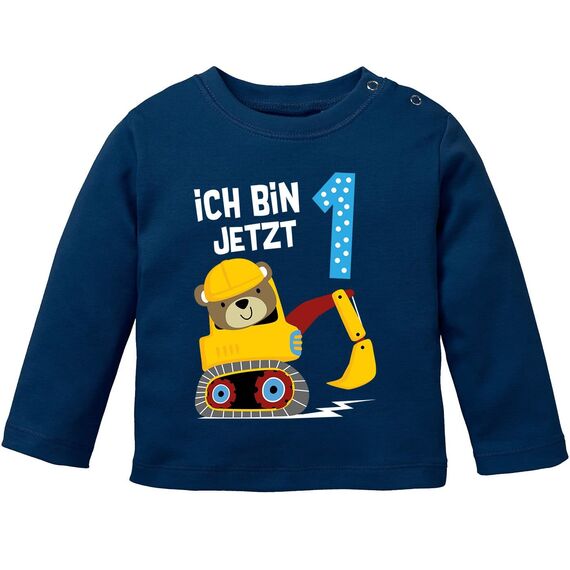 MoonWorks® Baby Langarm-Shirt erster | zweiter Geburtstag Bär Bagger Bauarbeiter Baggerfahrer Geburtstagsshirt Bio-Baumwolle Junge 1 Jahr Navy 56/62 (1-3 Monate)