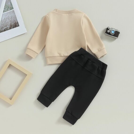 Geagodelia Baby Jungen Kleidung Outfit Babykleidung Set Langarmshirt Sweatshirt + Hose Neugeborene Weiche Babyset Mama's Boy Zweiteiler (B - Beige & Schwarz, 0-6 Monate)