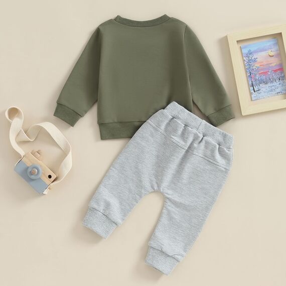 Geagodelia Baby Jungen Kleidung Outfit Babykleidung Set Langarmshirt Sweatshirt + Hose Neugeborene Weiche Babyset Mama's Boy Zweiteiler (B - Armeegrün & Grau, 0-6 Monate)