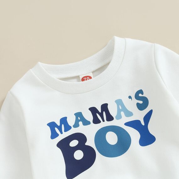 Geagodelia Baby Jungen Kleidung Outfit Babykleidung Set Langarmshirt Sweatshirt + Hose Neugeborene Weiche Babyset Mama's Boy Zweiteiler (B - Weiß & Blau, 18-24 Monate)