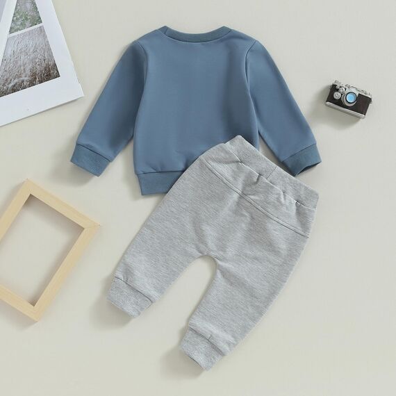 Geagodelia Baby Jungen Kleidung Outfit Babykleidung Set Langarmshirt Sweatshirt + Hose Neugeborene Weiche Babyset Mama's Boy Zweiteiler (B - Blau & Grau, 18-24 Monate)