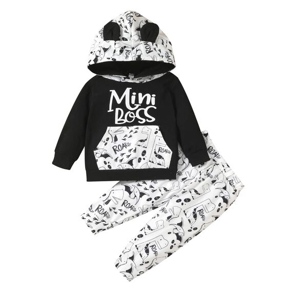 Geagodelia Baby Jungen Kleidung Outfit Babykleidung Set Langarm Kapuzenpullover Top + Hose Neugeborene Weiche Babyset Mini Boss (12-18 Monate)