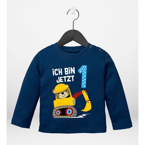 MoonWorks® Baby Langarm-Shirt erster | zweiter Geburtstag Bär Bagger Bauarbeiter Baggerfahrer Geburtstagsshirt Bio-Baumwolle Junge 1 Jahr Navy 56/62 (1-3 Monate)
