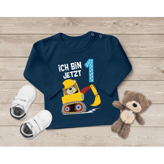 MoonWorks® Baby Langarm-Shirt erster | zweiter Geburtstag Bär Bagger Bauarbeiter Baggerfahrer Geburtstagsshirt Bio-Baumwolle Junge 1 Jahr Navy 56/62 (1-3 Monate)