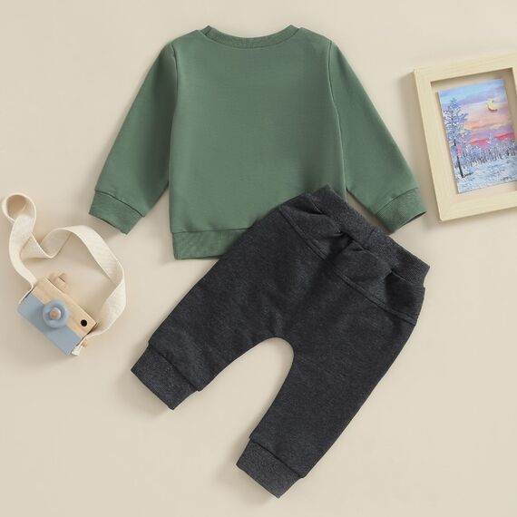Geagodelia Baby Jungen Kleidung Outfit Babykleidung Set Langarmshirt Sweatshirt + Hose Neugeborene Weiche Babyset Mama's Boy Zweiteiler (B - Grün & Dunkelgrau, 6-12 Monate)