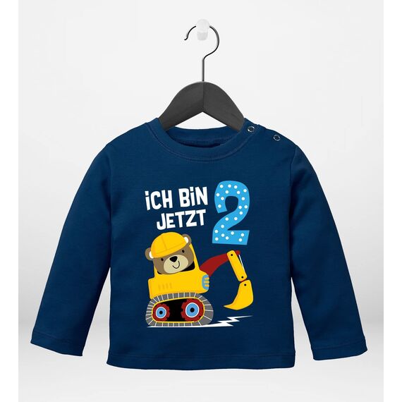 MoonWorks® Baby Langarm-Shirt erster | zweiter Geburtstag Bär Bagger Bauarbeiter Baggerfahrer Geburtstagsshirt Bio-Baumwolle Junge 2 Jahre Navy 56/62 (1-3 Monate)