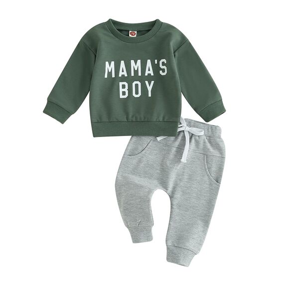 Geagodelia Baby Jungen Kleidung Outfit Babykleidung Set Langarmshirt Sweatshirt + Hose Neugeborene Weiche Babyset Mama's Boy Zweiteiler (C - Grün & Grau, 0-6 Monate)