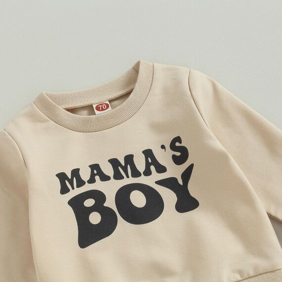 Geagodelia Baby Jungen Kleidung Outfit Babykleidung Set Langarmshirt Sweatshirt + Hose Neugeborene Weiche Babyset Mama's Boy Zweiteiler (B - Beige & Schwarz, 0-6 Monate)