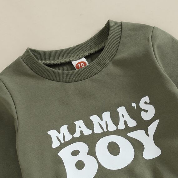 Geagodelia Baby Jungen Kleidung Outfit Babykleidung Set Langarmshirt Sweatshirt + Hose Neugeborene Weiche Babyset Mama's Boy Zweiteiler (B - Armeegrün & Grau, 6-12 Monate)