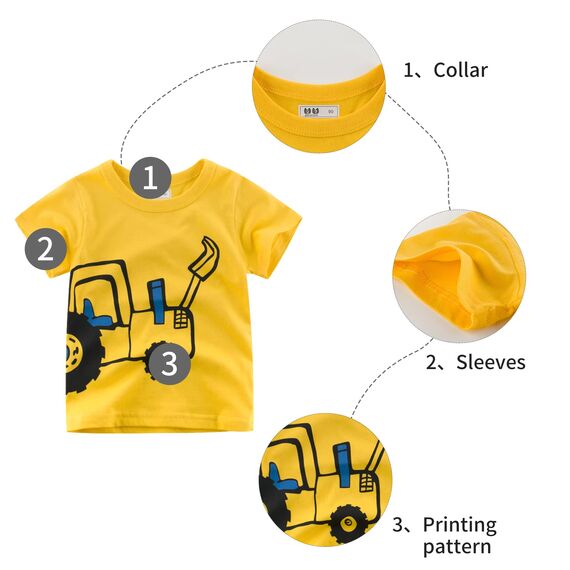 Unisex Baby T-Shirt Baumwolle Süß Karikatur Tier Muster Tops für 1-7 Jahre Alt (130, H Gelber Bagger)