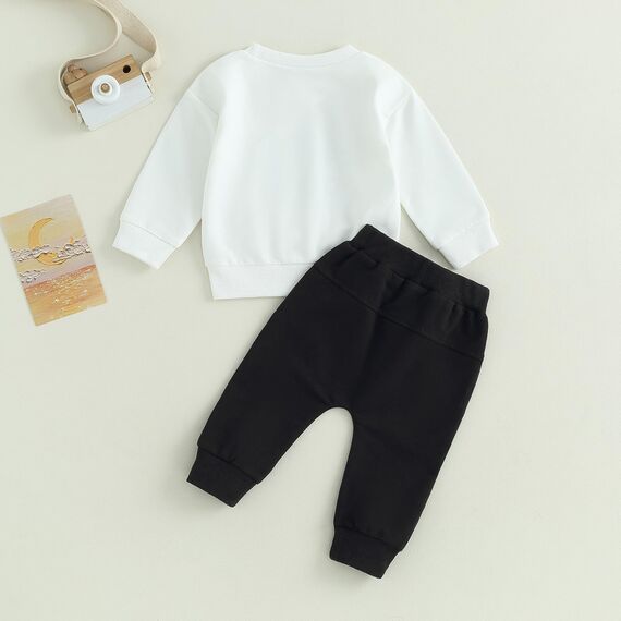 Geagodelia Baby Jungen Kleidung Outfit Babykleidung Set Langarmshirt Sweatshirt + Hose Neugeborene Weiche Babyset Mama's Boy Zweiteiler (C - Weiß & Schwarz, 18-24 Monate)