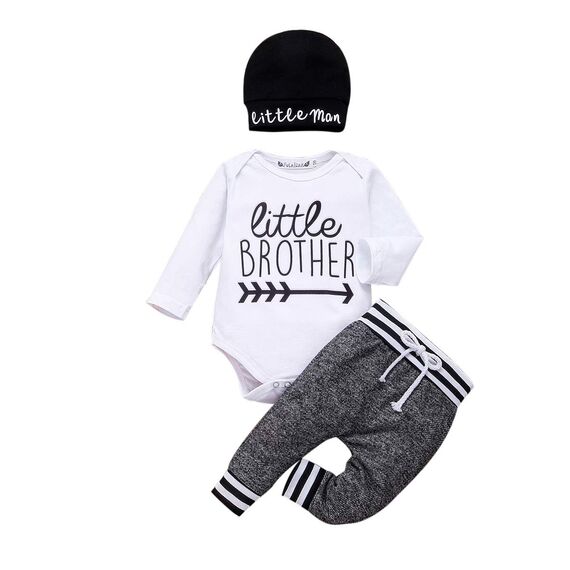Geagodelia 3tlg Babykleidung Set Baby Jungen Langarm Body + Hose + Mütze Kleinkinder Neugeborene Weiche Warme Baumwolle Babyset Bekleidung (3-6 Monate, Little Brother (Weiß + Grau))