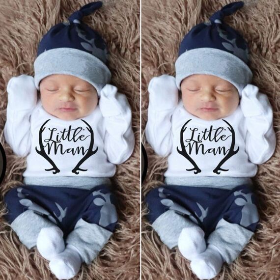 Geagodelia 3tlg Babykleidung Set Baby Jungen Langarm Body + Hose + Mütze Kleinkinder Neugeborene Weiche Warme Baumwolle Babyset Bekleidung (6-12 Monate, Little Man (Weiß + Blau-Elk))